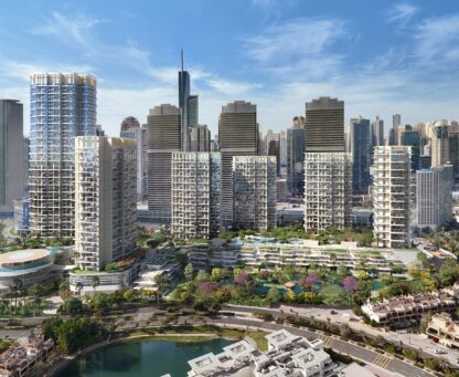 Serenia District in Dubai’s Jumeirah Islands, designed by Nikken Sekkei, showcasing lakeside residences and landscaped architecture by Palma Development.
