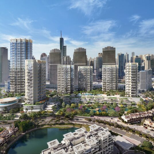 Serenia District in Dubai’s Jumeirah Islands, designed by Nikken Sekkei, showcasing lakeside residences and landscaped architecture by Palma Development.