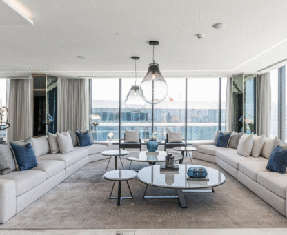 Interior of the West Presidential Penthouse at Serenia Residences, Palm Jumeirah, designed by Palma Development with bespoke furnishings and refined coastal tones.