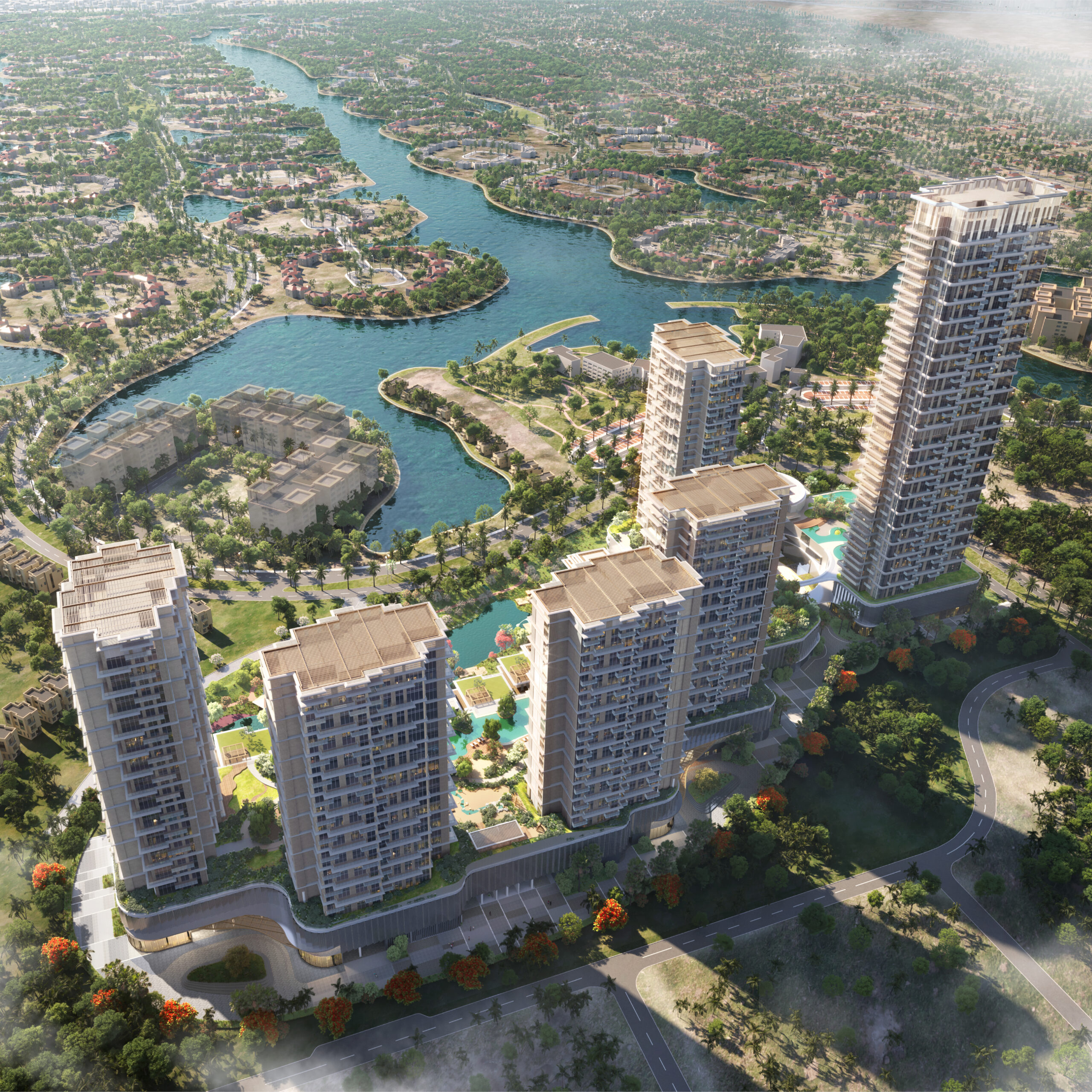 Aerial view of the Serenia District architectural composition, showing the six-tower masterplan, lakeside setting and surrounding greenery in Jumeirah Islands.