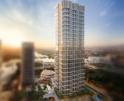 Serenia District West Residence tower at Jumeirah Islands, showcasing the 46-storey residential building awarded to Khansaheb Civil Engineering.