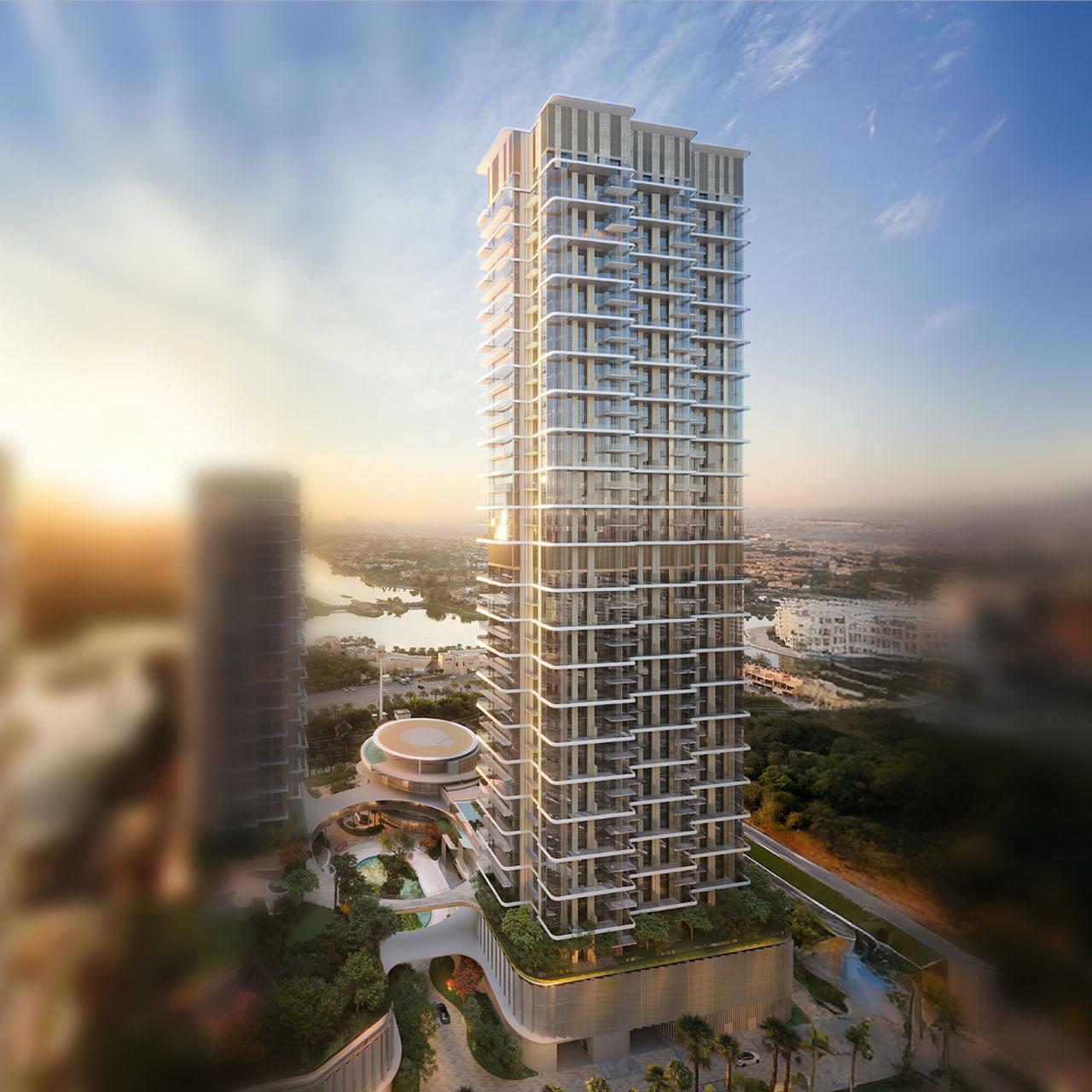 Serenia District West Residence tower at Jumeirah Islands, showcasing the 46-storey residential building awarded to Khansaheb Civil Engineering.