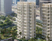 East Residence 3 tower at Serenia District overlooking landscaped grounds and Dubai skyline
