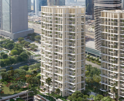 East Residence 3 tower at Serenia District overlooking landscaped grounds and Dubai skyline