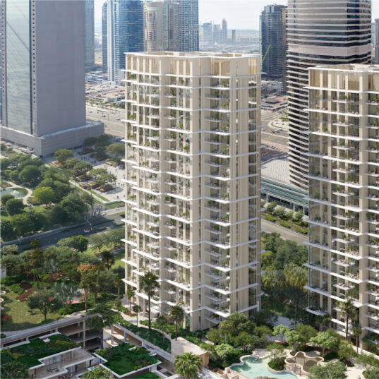 East Residence 3 tower at Serenia District overlooking landscaped grounds and Dubai skyline