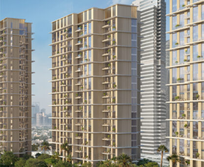 East Residence 4 tower at Serenia District overlooking landscaped gardens and Jumeirah Islands skyline