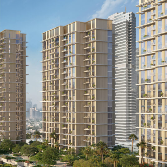 East Residence 4 tower at Serenia District overlooking landscaped gardens and Jumeirah Islands skyline